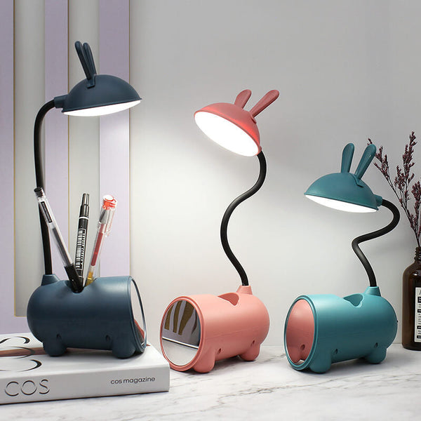 LED Schreibtischlampe Kaninchen | USB & Touch | Mit Stifthalter | Rosa, Grün, Blau