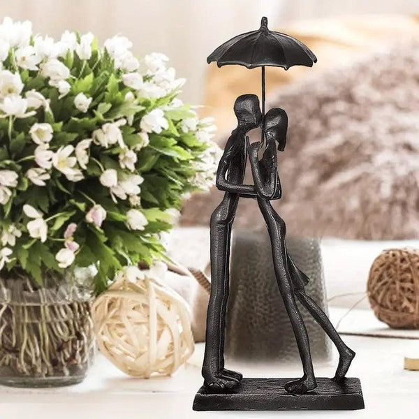 Dekofigur Liebesvögel mit Schirm | Schwarzes Metall | Romantisches Wohnaccessoire