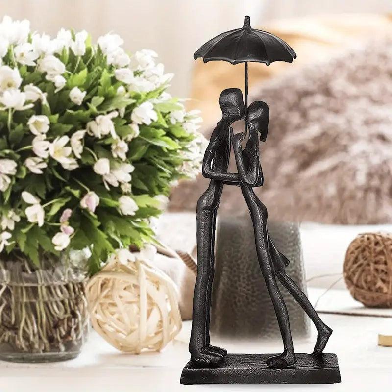 Dekofigur Liebesvögel mit Schirm | Schwarzes Metall | Romantisches Wohnaccessoire