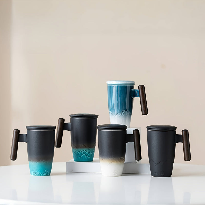 TeaCraft Keramik Tasse | Handgefertigt | Mit Teesieb & Holzgriff | Retro Design