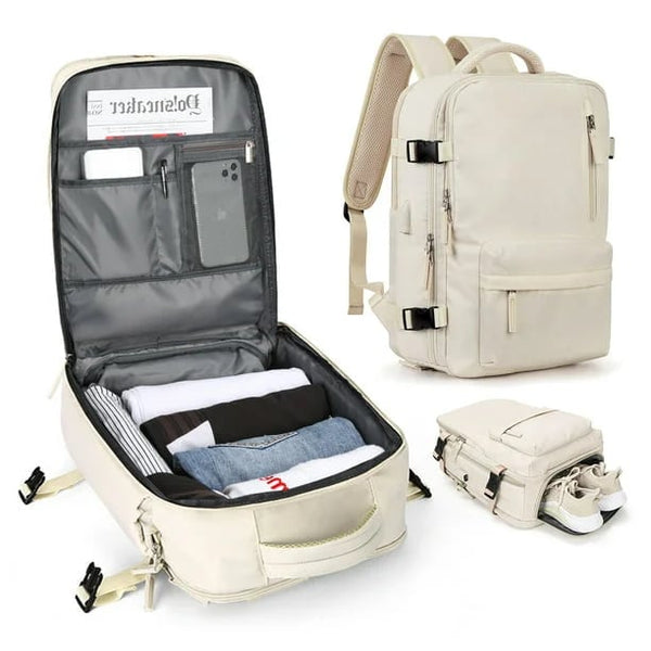Travelliva Damen Reise-Rucksack 35 L | Wasserdicht & mit USB-Anschluss | Anti-Diebstahl & Schuhfach | Für Wandern, Alltag & Reisen