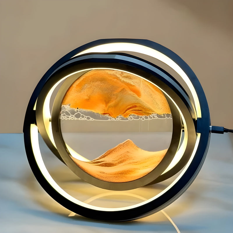 Calmindra Sandkunst Tischlampe mit 360° Drehung | LED-Beleuchtung & USB | Beruhigende Bewegung | 19×16×9,5 cm | Handgefertigt