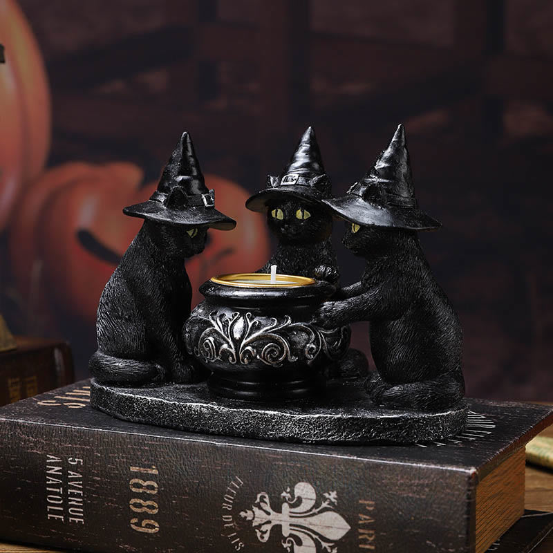 MystiCats | Teelichthalter mit 3 Hexenkatzen | Magisches Design | Halloween-Deko
