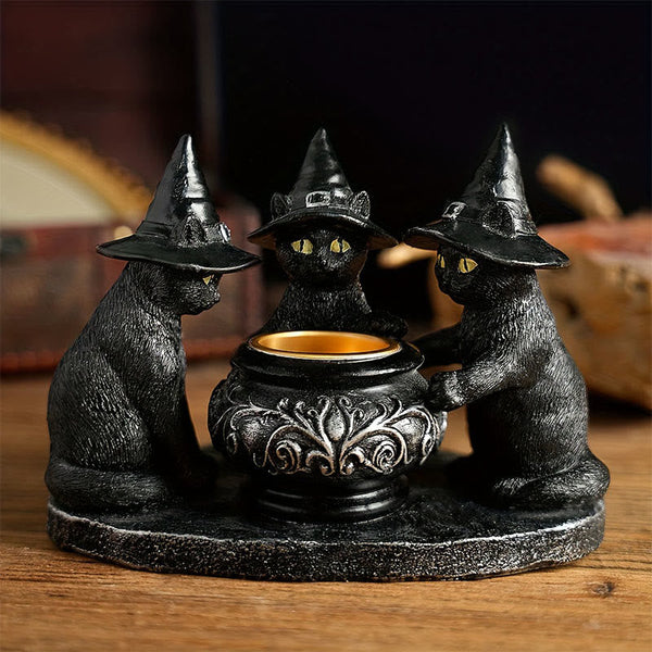 MystiCats | Teelichthalter mit 3 Hexenkatzen | Magisches Design | Halloween-Deko