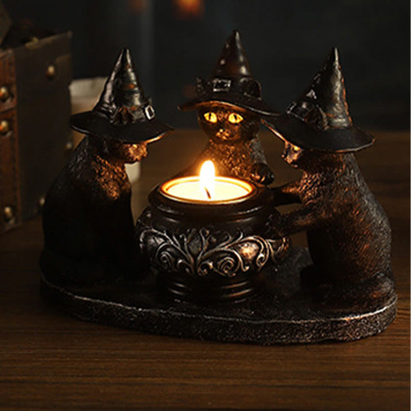 MystiCats | Teelichthalter mit 3 Hexenkatzen | Magisches Design | Halloween-Deko