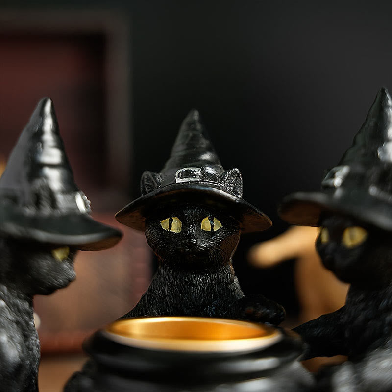 MystiCats | Teelichthalter mit 3 Hexenkatzen | Magisches Design | Halloween-Deko