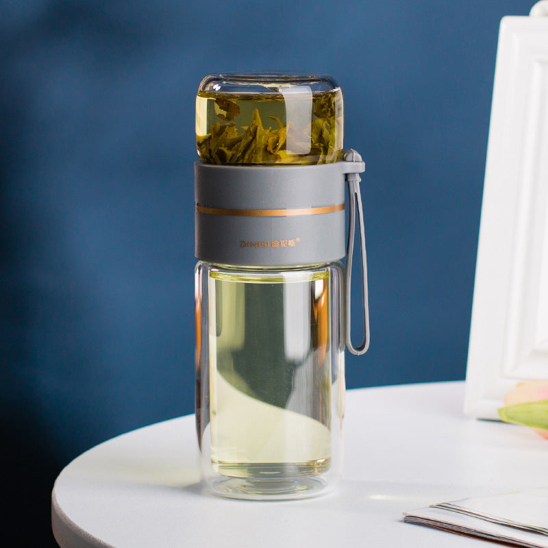 ThermoLeaf Doppelwandige Teeflasche aus Glas | 400–450 ml | Mit Edelstahl-Sieb & Trageschlaufe | Auslaufsicher & Hitzebeständig