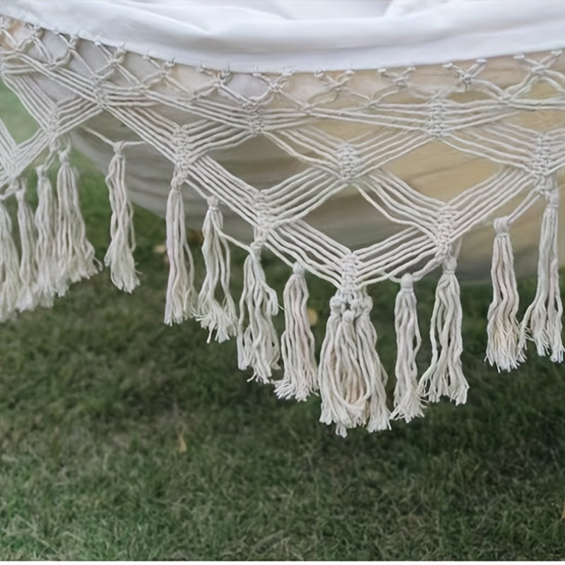 Boho-Hängematte Lunaria Breeze | Mit Pompons & Streifen | Baumwolle | Für 2 Personen | 43–54 kg Tragkraft