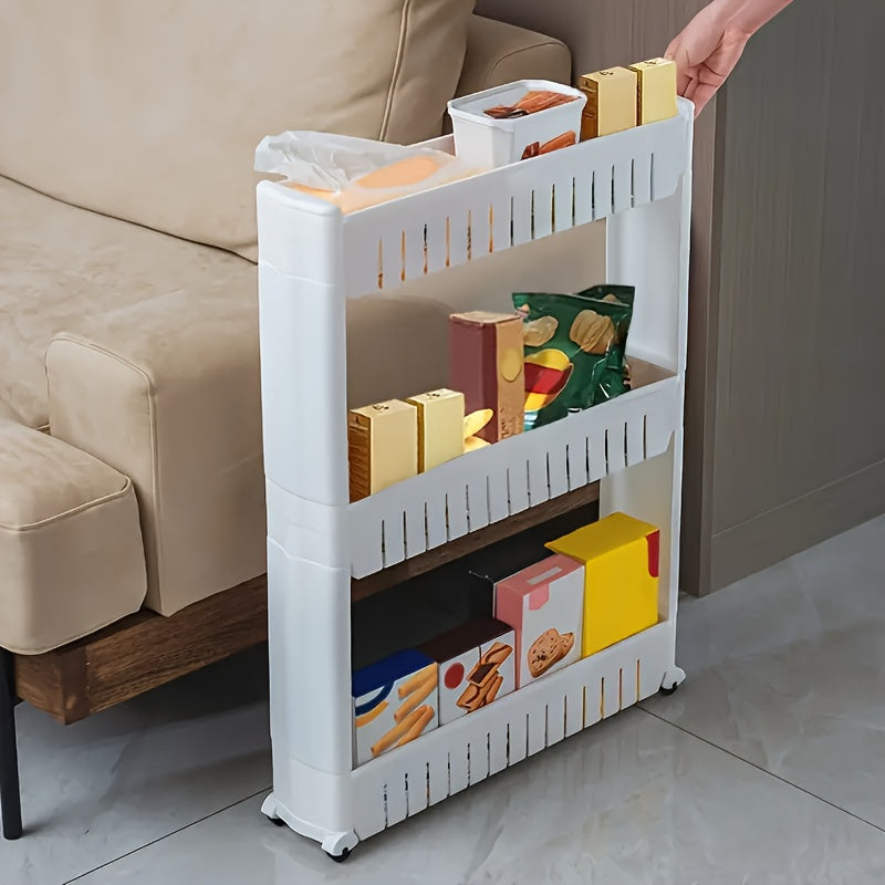 Slimava Schmaler Rollwagen mit 3 Etagen | Platzsparender Aufbewahrungstrolley | Mit Rollen | 54×15×71 cm | Kunststoff Weiß