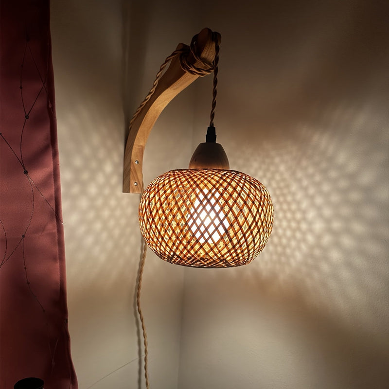 Wandlampe BambuGlow | Gewebter Bamboo-Schirm | Vintage Look mit Stecker & Schalter | Für Wohnzimmer & Schlafzimmer