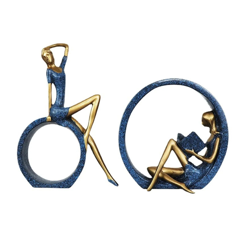 Deko Figuren Mädchen | Yoga & Lesend | Harz Skulpturen Set | Blau & Gold