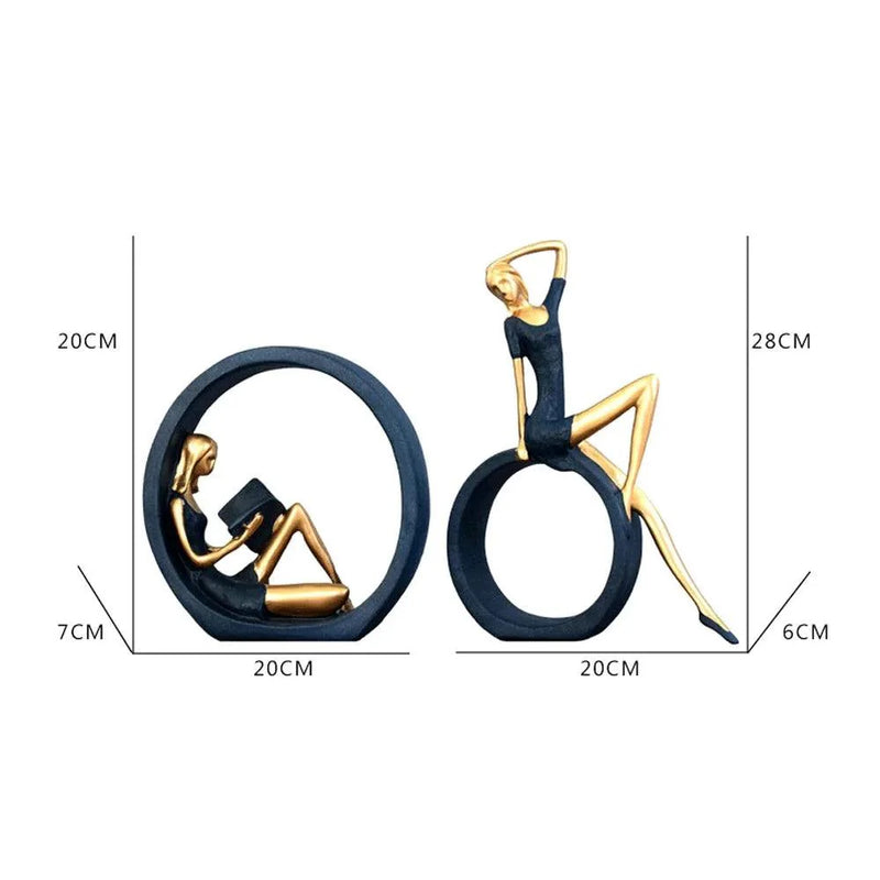 Deko Figuren Mädchen | Yoga & Lesend | Harz Skulpturen Set | Blau & Gold