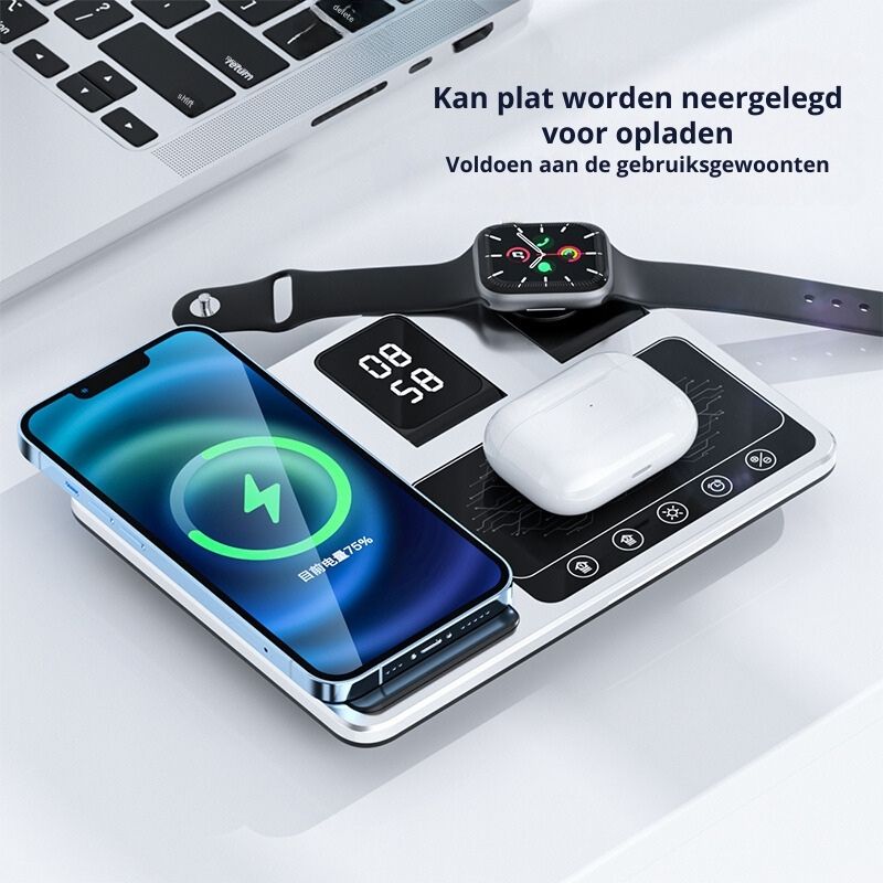 Ladestation VoltEase 4-in-1 | Kabellos & Schnellladen (30W) | Für Smartphone, Watch & Earbuds | Kompakt & Faltbar