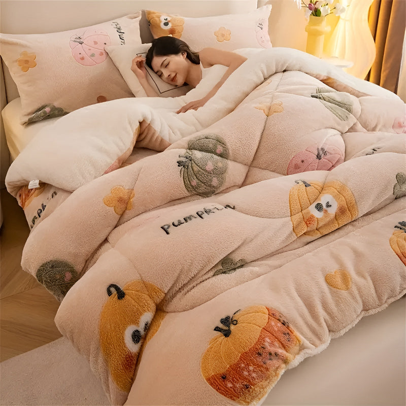 Kuscheldecke HyggeDream | Kürbis- & Schneeflockenmotiv | Doppellagig & Ultraweich | Perfekt für Herbst & Winter