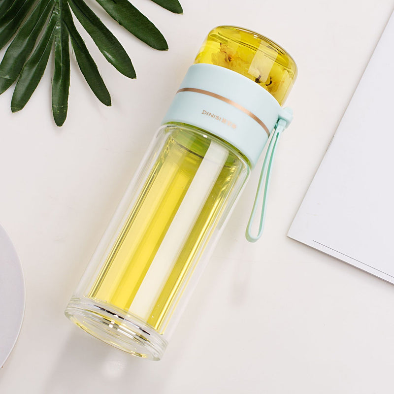 ThermoLeaf Doppelwandige Teeflasche aus Glas | 400–450 ml | Mit Edelstahl-Sieb & Trageschlaufe | Auslaufsicher & Hitzebeständig