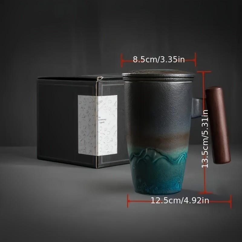 TeaCraft Keramik Tasse | Handgefertigt | Mit Teesieb & Holzgriff | Retro Design
