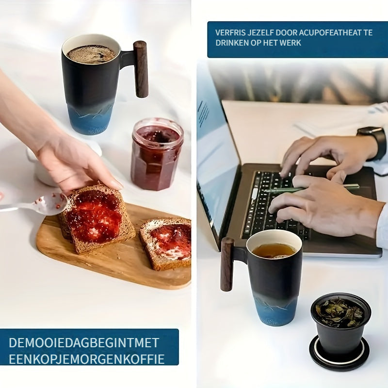 TeaCraft Keramik Tasse | Handgefertigt | Mit Teesieb & Holzgriff | Retro Design
