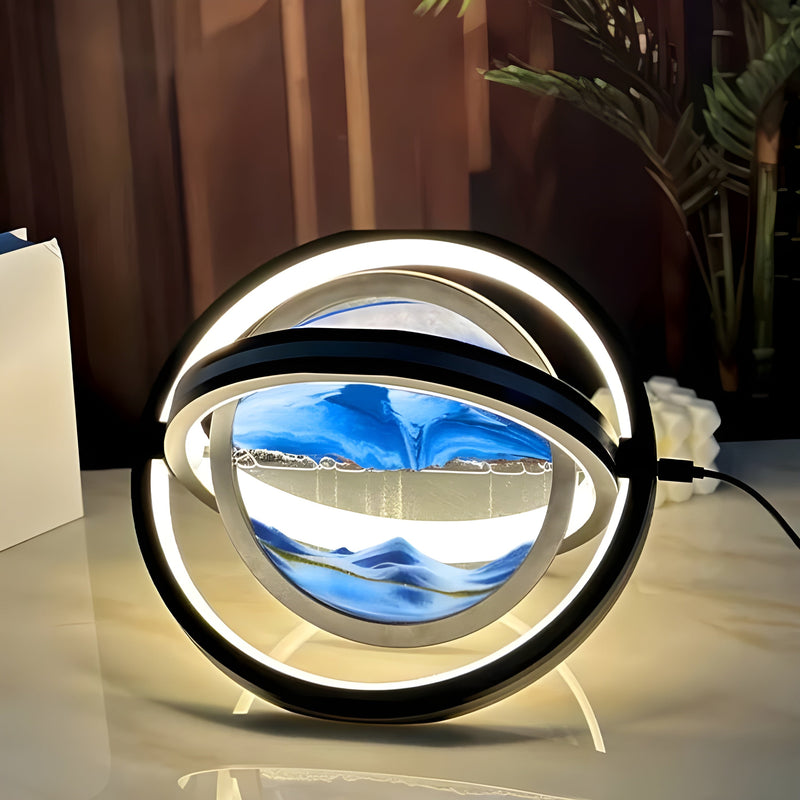 Calmindra Sandkunst Tischlampe mit 360° Drehung | LED-Beleuchtung & USB | Beruhigende Bewegung | 19×16×9,5 cm | Handgefertigt