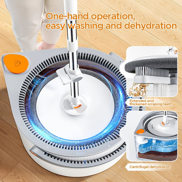 Glanzio Spin Mop Set 3-in-1 | Handsfree Auswringen | Verstellbarer Stiel 130 cm | Für Alle Bodenarten