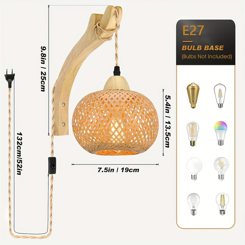 Wandlampe BambuGlow | Gewebter Bamboo-Schirm | Vintage Look mit Stecker & Schalter | Für Wohnzimmer & Schlafzimmer
