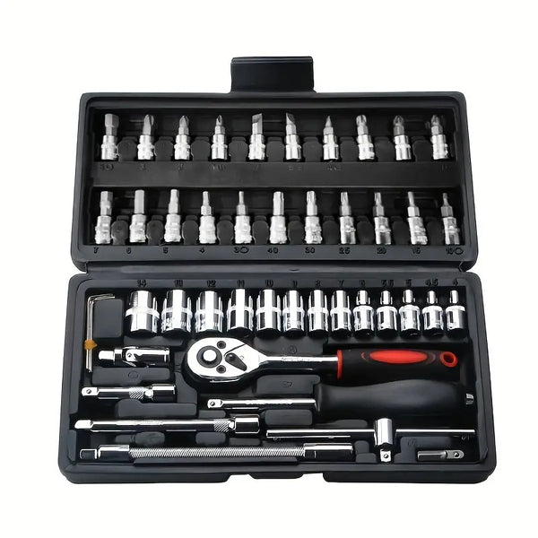 Werkzeugkoffer TASKORIUM | 46-teiliges Set | Verchromter Stahl | Kompakt & Tragbar | 38×28×10 cm