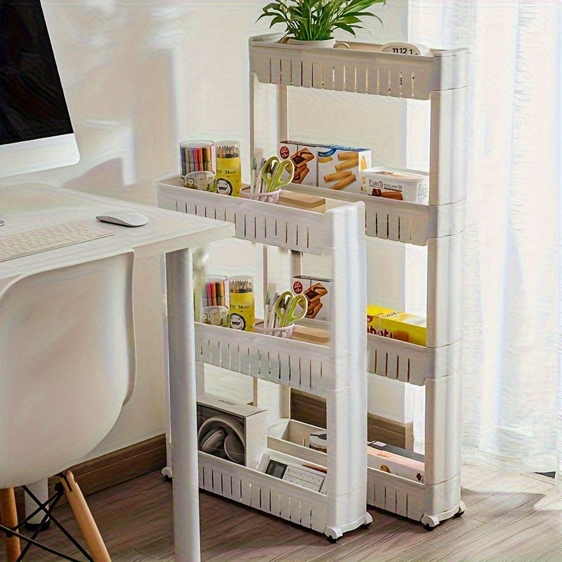 Slimava Schmaler Rollwagen mit 3 Etagen | Platzsparender Aufbewahrungstrolley | Mit Rollen | 54×15×71 cm | Kunststoff Weiß