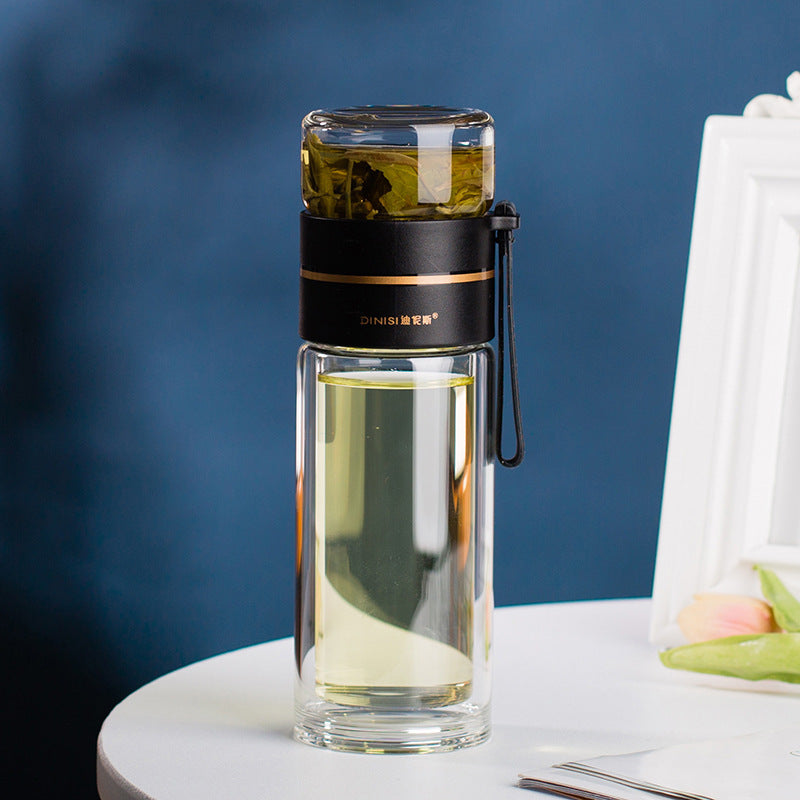 ThermoLeaf Doppelwandige Teeflasche aus Glas | 400–450 ml | Mit Edelstahl-Sieb & Trageschlaufe | Auslaufsicher & Hitzebeständig