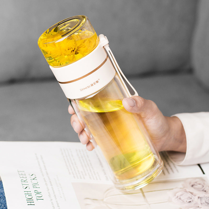 ThermoLeaf Doppelwandige Teeflasche aus Glas | 400–450 ml | Mit Edelstahl-Sieb & Trageschlaufe | Auslaufsicher & Hitzebeständig