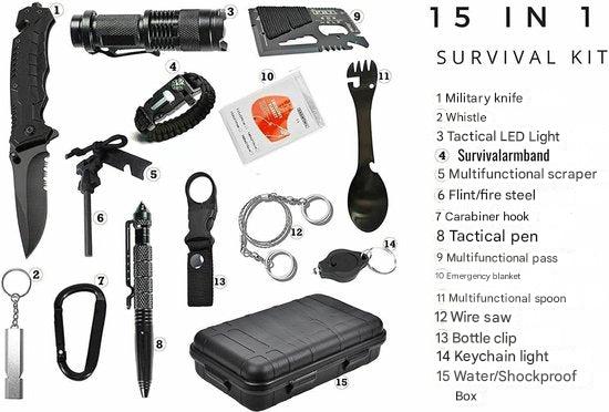 TrekFort Notfall Survival Kit | 15-in-1 Ausrüstung | Mit Dynamo, Solar & USB-Licht | Wasserdichtes Case