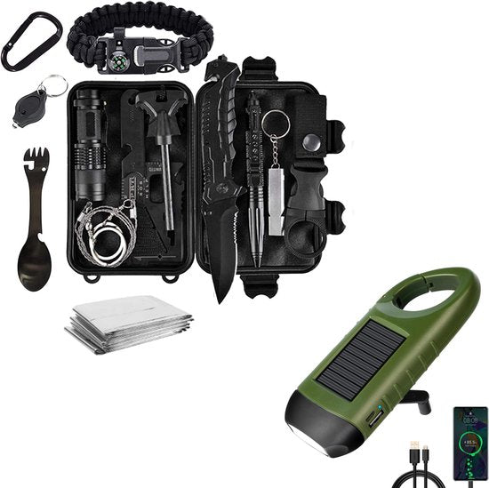 TrekFort Notfall Survival Kit | 15-in-1 Ausrüstung | Mit Dynamo, Solar & USB-Licht | Wasserdichtes Case