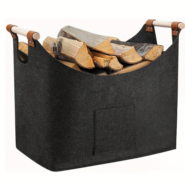 Filz-Kaminholzkorb FELDURA | Faltbar | 55L Volumen | Mit Holzgriffen & Lederdetails | Dunkelgrau