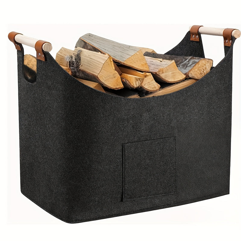 Filz-Kaminholzkorb FELDURA | Faltbar | 55L Volumen | Mit Holzgriffen & Lederdetails | Dunkelgrau