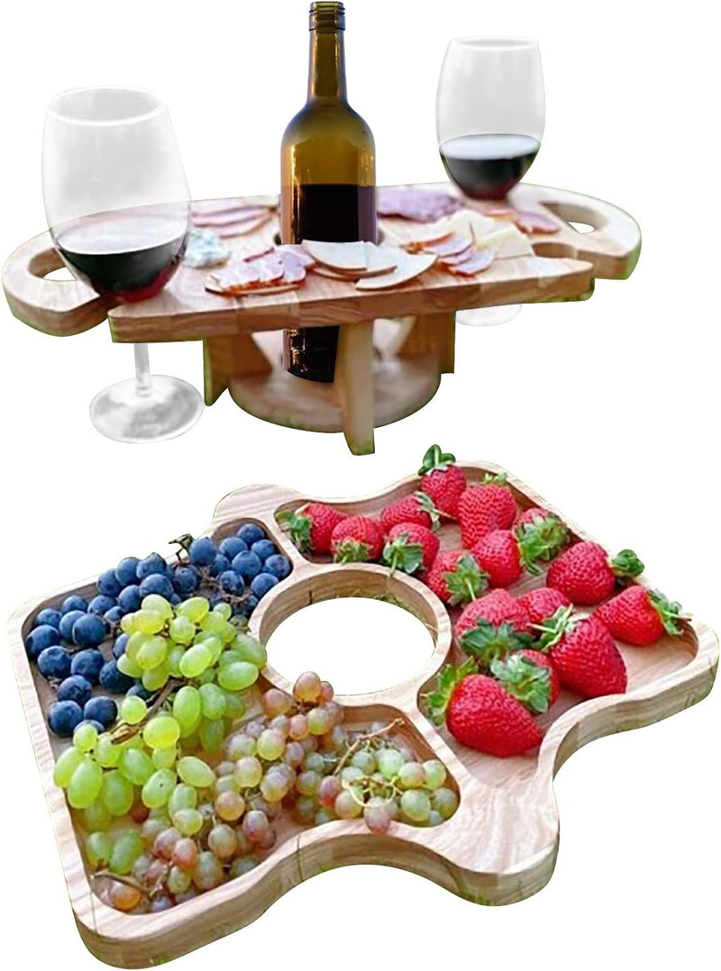 2-in-1 Outdoor-Tisch Frulino DuoTray | Faltbare Obstschale & Weinglashalter | Aus Holz | Tragbar & Elegant | Für Picknick & Garten