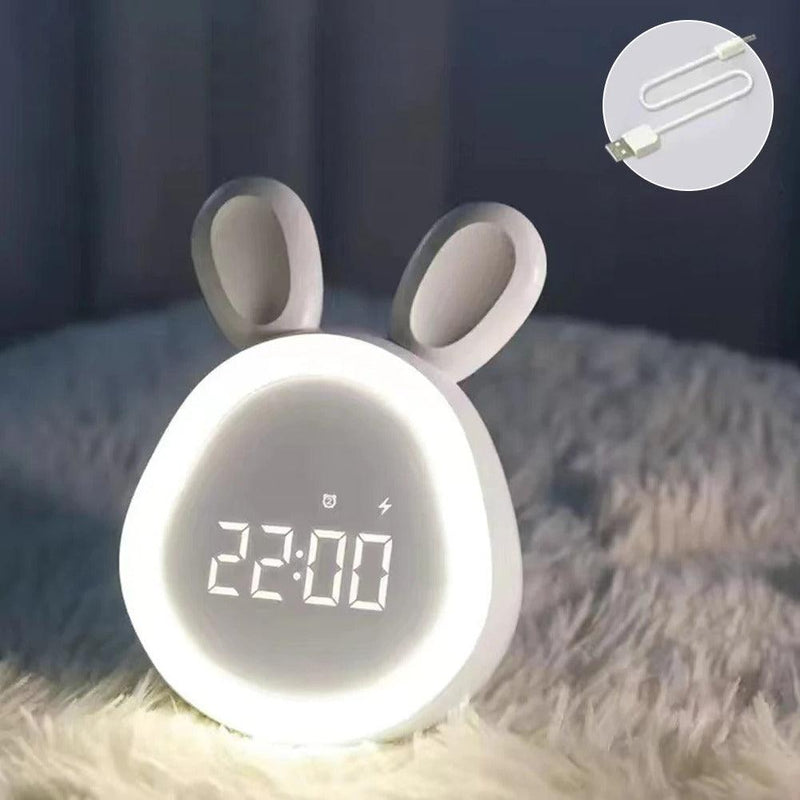 LumiHoppel Kinderwecker | LED Nachtlicht | Energiesparend & Süßes Hasen-Design | Weiß/Rosa | 8,8 x 7,3 x 11,2 cm