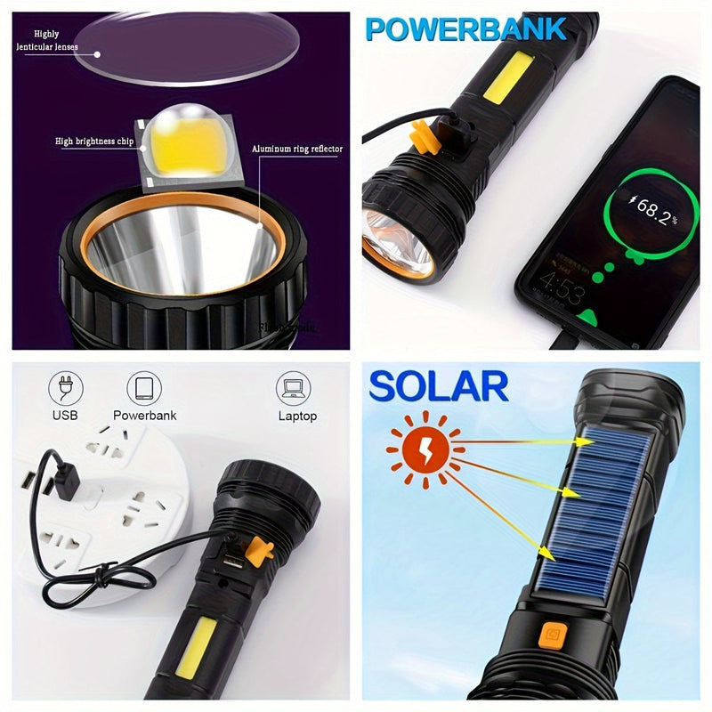 LED-Taschenlampe Solaytor Pro | Solar & USB Aufladbar | Mit COB-Seitenlicht | Wasserdicht IP45 | 18 × 6 cm