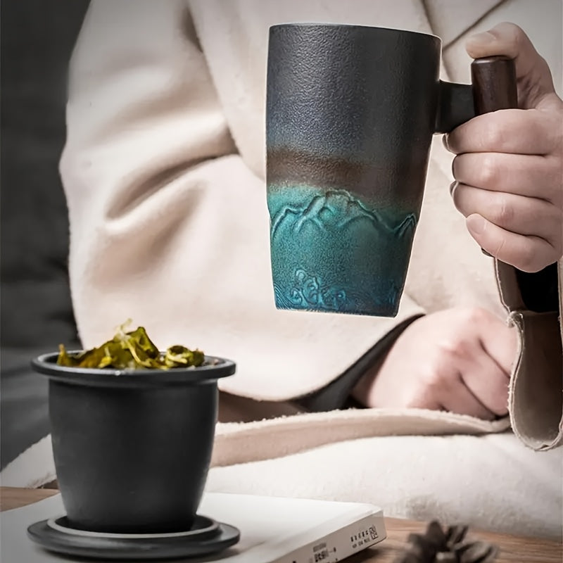 TeaCraft Keramik Tasse | Handgefertigt | Mit Teesieb & Holzgriff | Retro Design