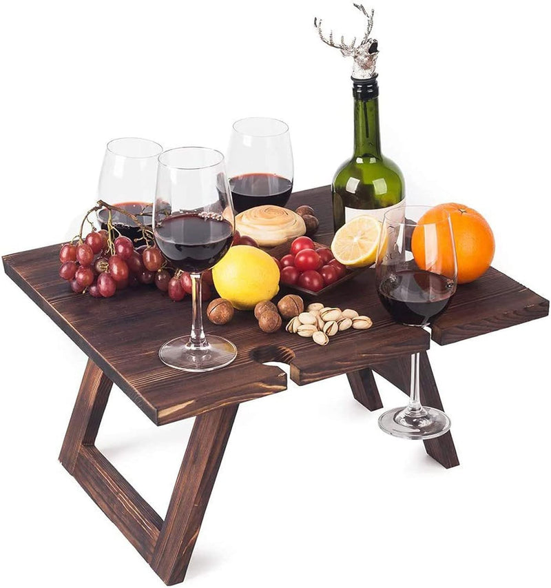 Tragbarer Weintisch Vinlora FoldWood | Faltbar & Mobil | Aus Holz | Mit Flaschen- & Glashalter | Für Picknick, Garten & Camping