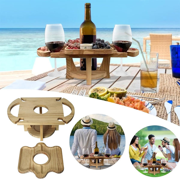 2-in-1 Outdoor-Tisch Frulino DuoTray | Faltbare Obstschale & Weinglashalter | Aus Holz | Tragbar & Elegant | Für Picknick & Garten