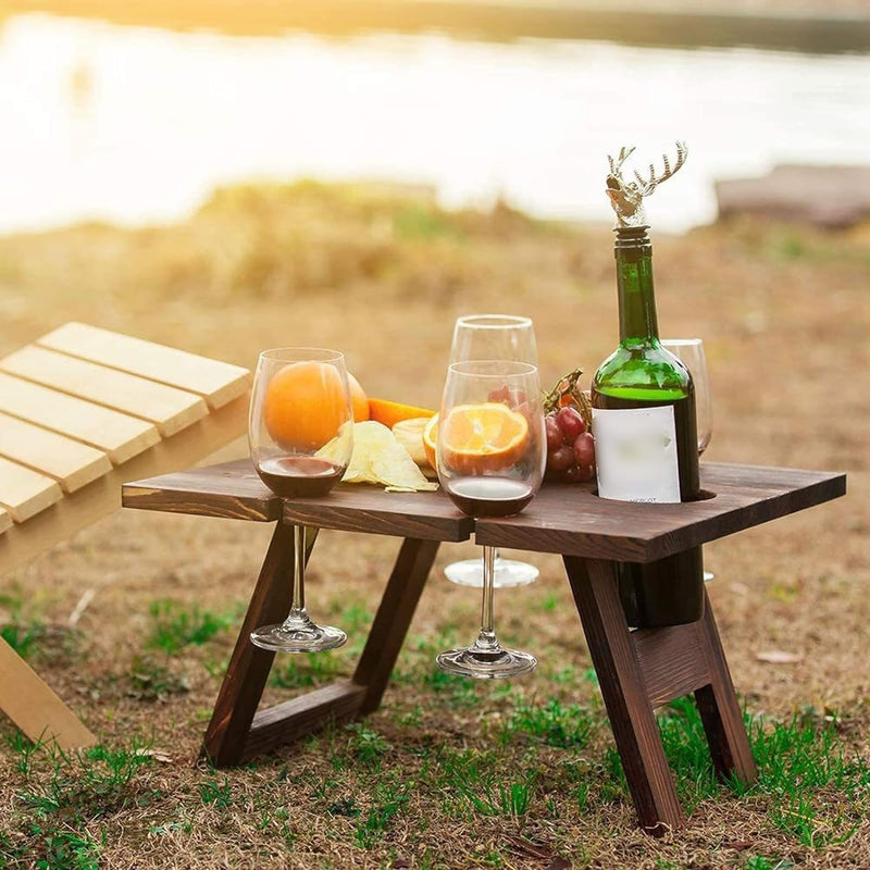 Tragbarer Weintisch Vinlora FoldWood | Faltbar & Mobil | Aus Holz | Mit Flaschen- & Glashalter | Für Picknick, Garten & Camping