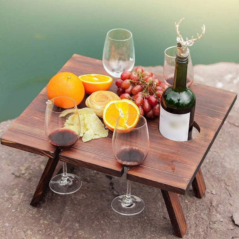 Tragbarer Weintisch Vinlora FoldWood | Faltbar & Mobil | Aus Holz | Mit Flaschen- & Glashalter | Für Picknick, Garten & Camping