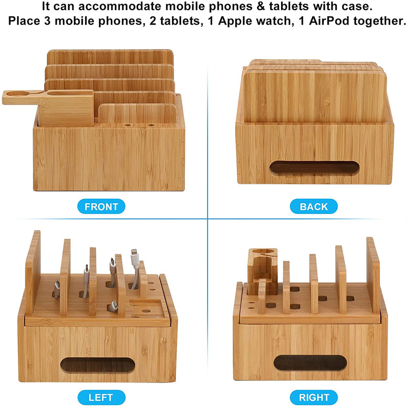 Tekavo ChargeDock Ladestation aus Bambus | 5-Port USB & Organizer | Für Smartphone, Tablet & Smartwatch | Inkl. Kabelset