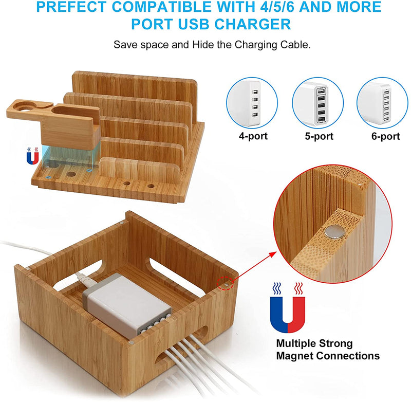 Tekavo ChargeDock Ladestation aus Bambus | 5-Port USB & Organizer | Für Smartphone, Tablet & Smartwatch | Inkl. Kabelset