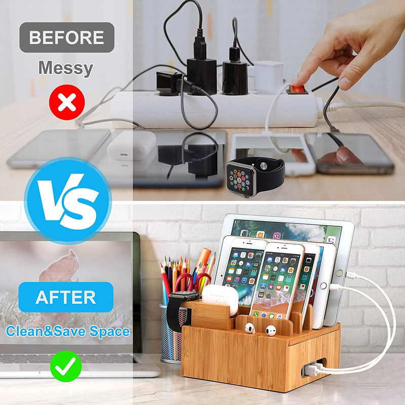 Tekavo ChargeDock Ladestation aus Bambus | 5-Port USB & Organizer | Für Smartphone, Tablet & Smartwatch | Inkl. Kabelset