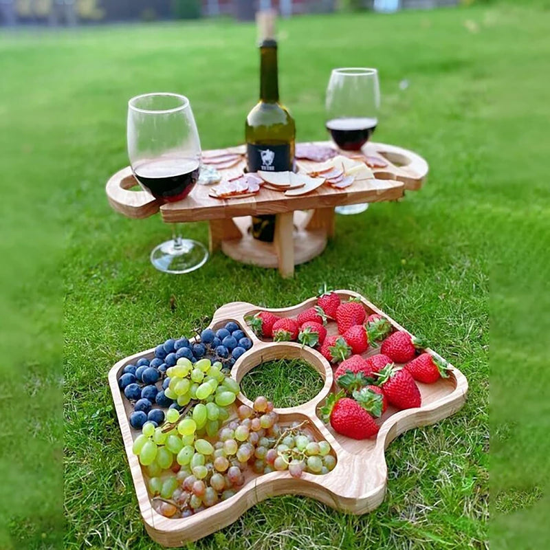 2-in-1 Outdoor-Tisch Frulino DuoTray | Faltbare Obstschale & Weinglashalter | Aus Holz | Tragbar & Elegant | Für Picknick & Garten