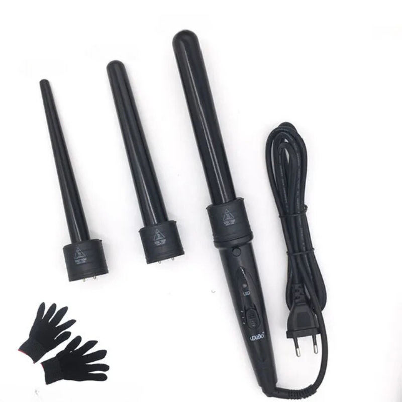 Lockenstab-Set VALYSSA 3-in-1 | Keramikaufsätze 9/19/25 mm | 80–210 °C | Profi-Kabel & Hitzeschutz-Handschuh