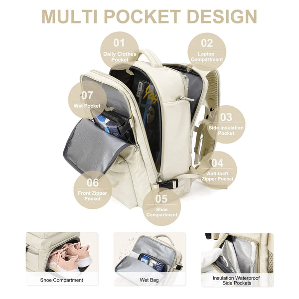 Travelliva Damen Reise-Rucksack 35 L | Wasserdicht & mit USB-Anschluss | Anti-Diebstahl & Schuhfach | Für Wandern, Alltag & Reisen