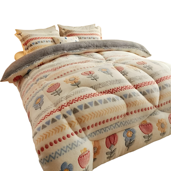 Boho Winterdecke Auralina | Extra Dick & Flauschig | Buntes Blumen- & Geo-Muster | 100 % Fleece