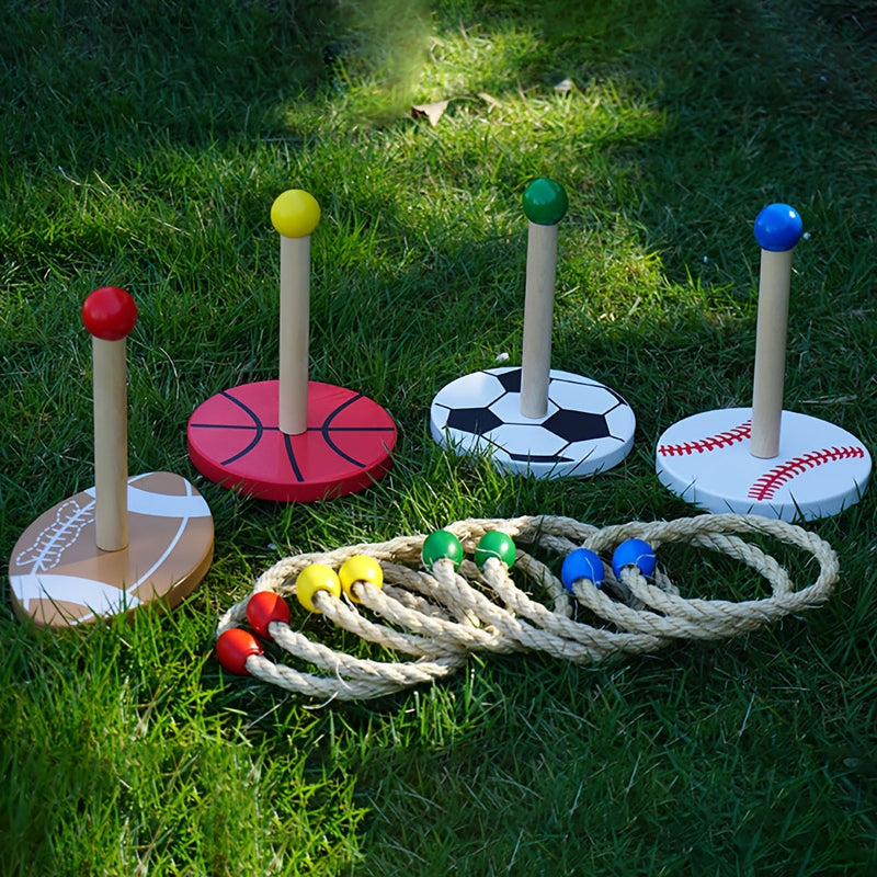 Wurfspiel-Set PlaySport Toss12 | 12-teilig | Aus Holz & Hanfseil | Mit Sportmotiven | Für Outdoor & Familie