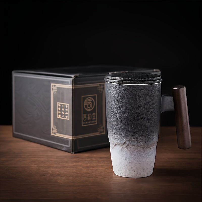 TeaCraft Keramik Tasse | Handgefertigt | Mit Teesieb & Holzgriff | Retro Design
