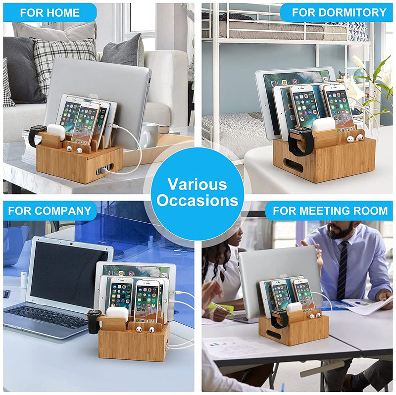 Tekavo ChargeDock Ladestation aus Bambus | 5-Port USB & Organizer | Für Smartphone, Tablet & Smartwatch | Inkl. Kabelset